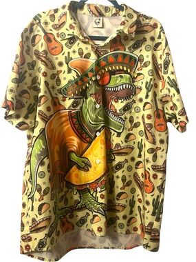 Taco Dinosaur Graphic Button-Up Shirt - Green Size XL